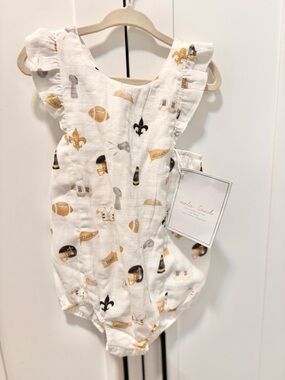 Nola Tawk White Baby Romper with Gold & Black Sports Print